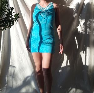 Vintage Playboy Blue Tie Dye Mini Dress w Crochet Heart
